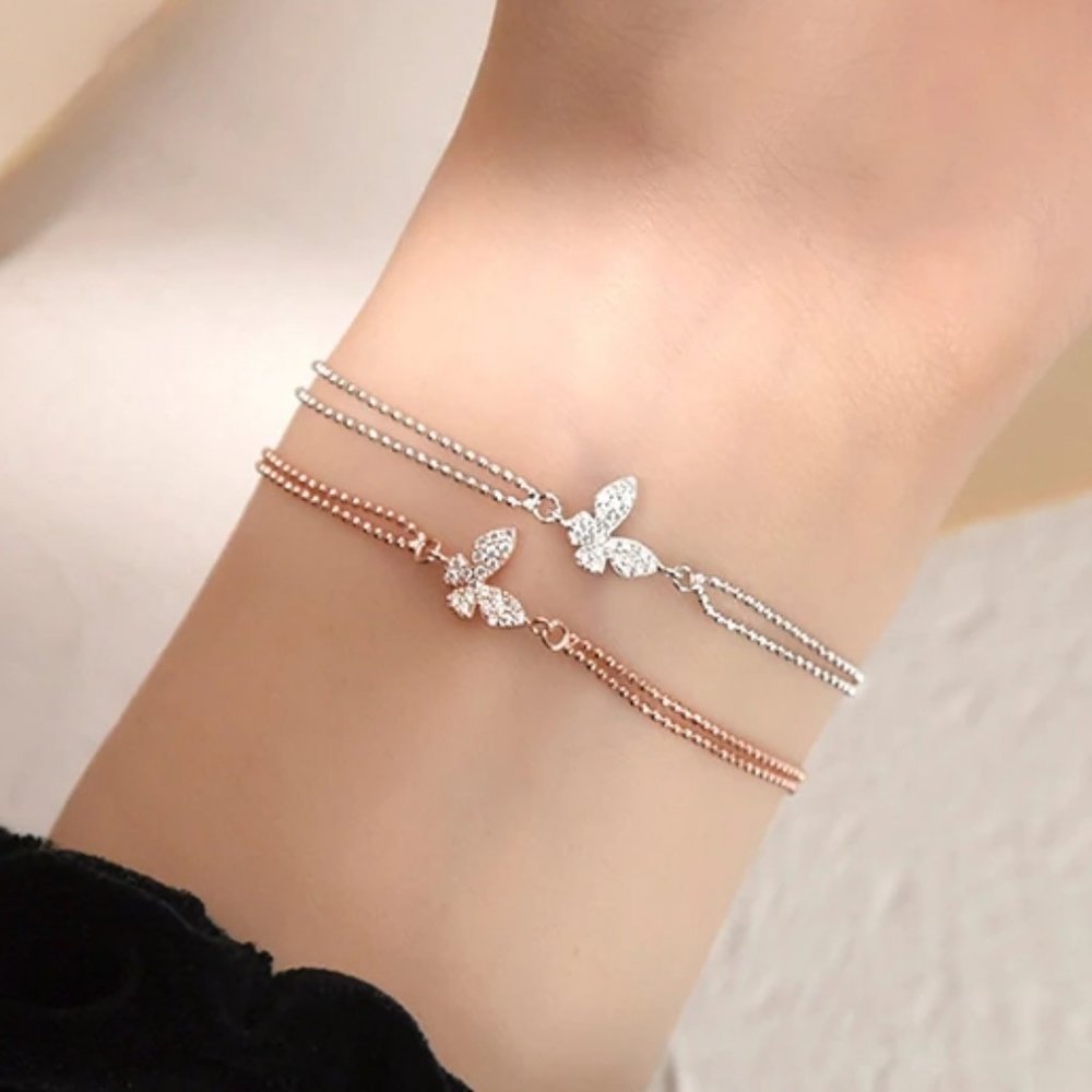 NEW 925 Silver Diamond Butterfly Bracelet A